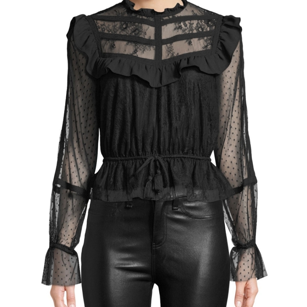 NWT Rebecca Minkoff Black Tabitha Lace Ruffle Long Sleeve Blouse Size XS